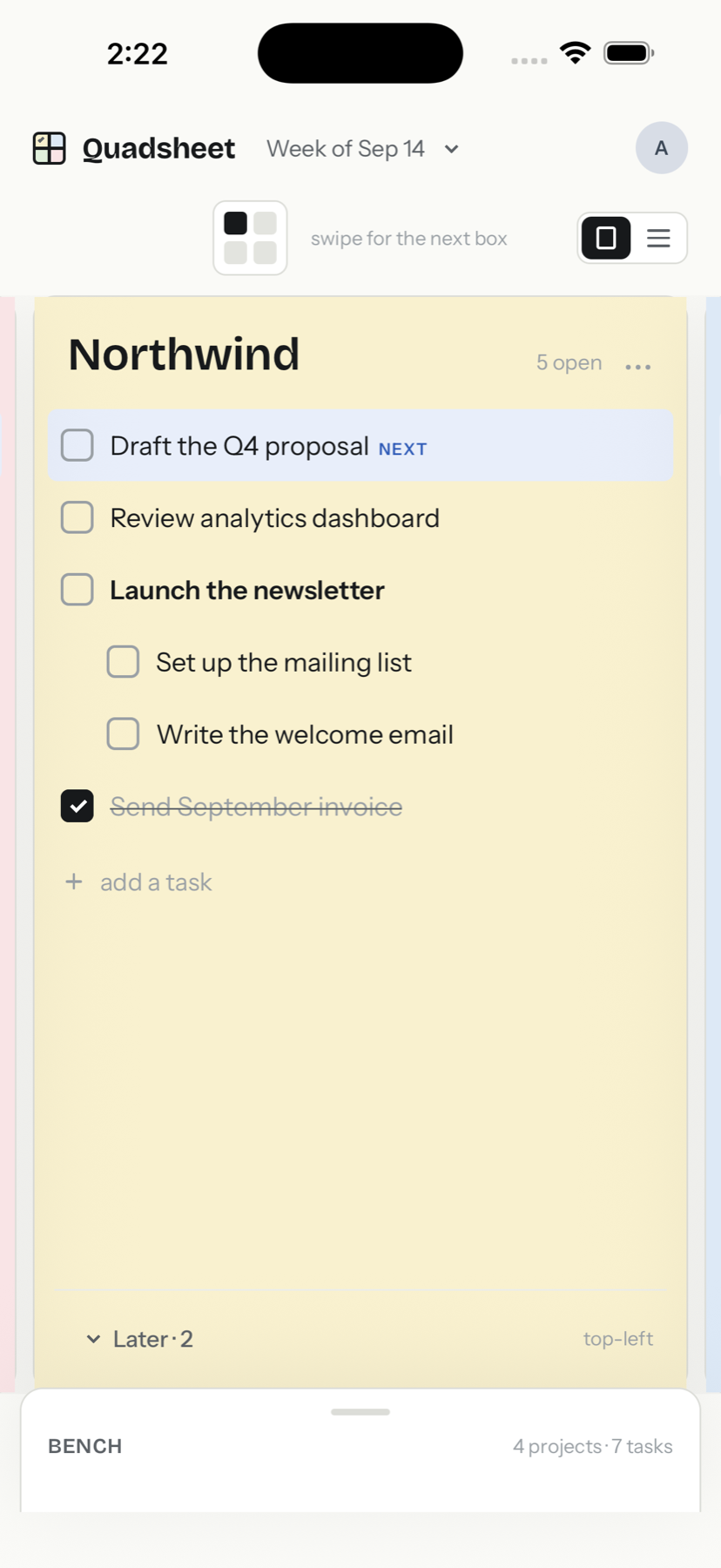 Quadsheet on a phone, showing one box at a time